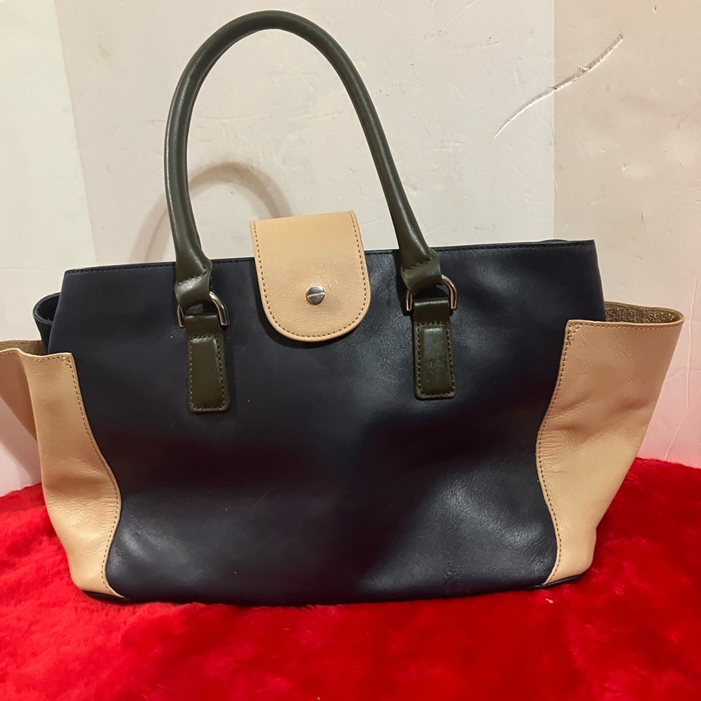 Talbots Navy Blue & Tan Colorblock Leather Handbag